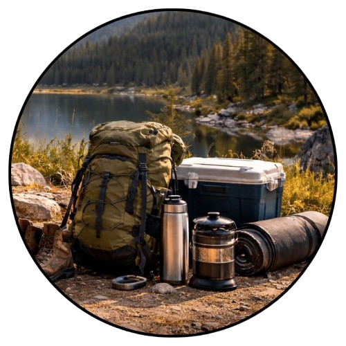 Backpack, cooler, thermos, and camping stove on a natural setting with a lake and forest.

