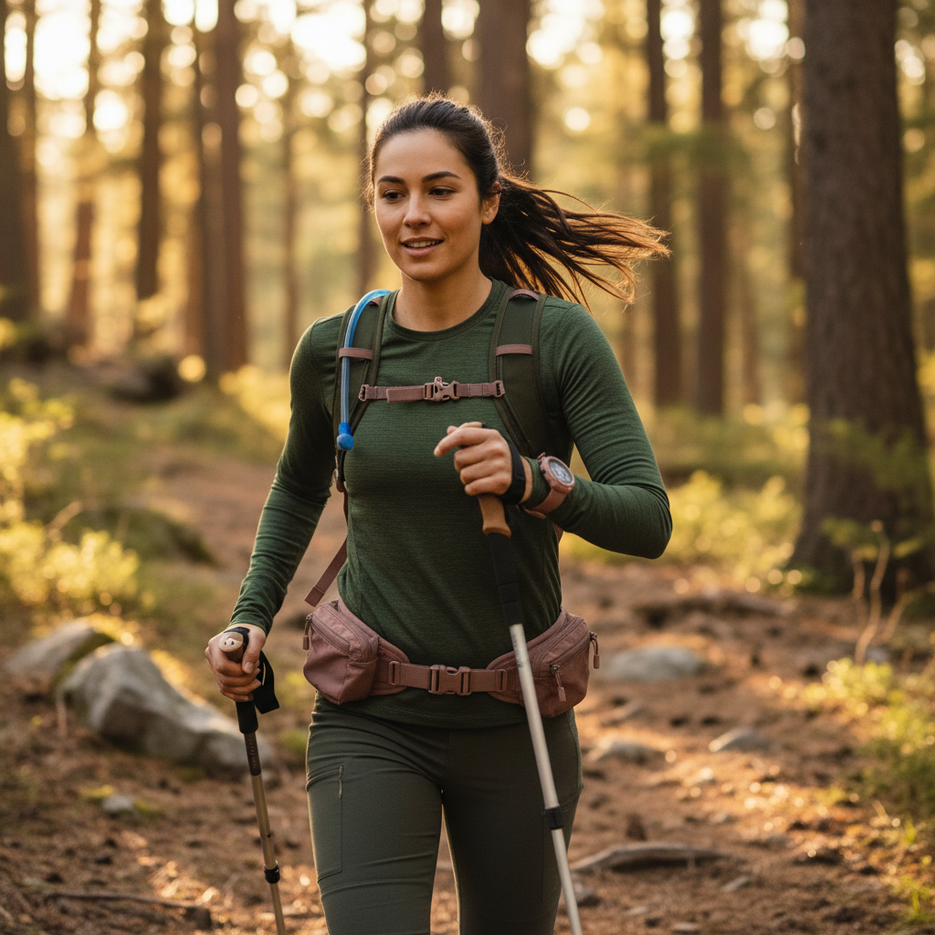 Woman hiking in a forest with hiking poles and a backpack

