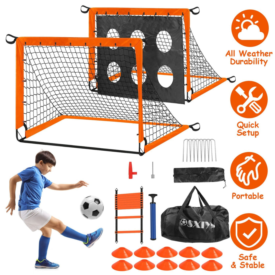 Kids Soccer Goals Set For Backyard Portable Soccer Training Equipment with Ball Pump Cones Agility Ladder Target Carry Bag For Toddler Age 3+ Outdoor