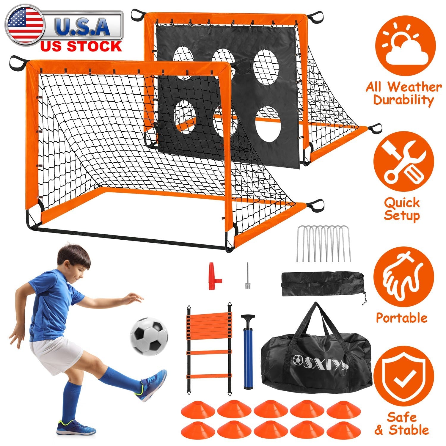 Kids Soccer Goals Set For Backyard Portable Soccer Training Equipment with Ball Pump Cones Agility Ladder Target Carry Bag For Toddler Age 3+ Outdoor